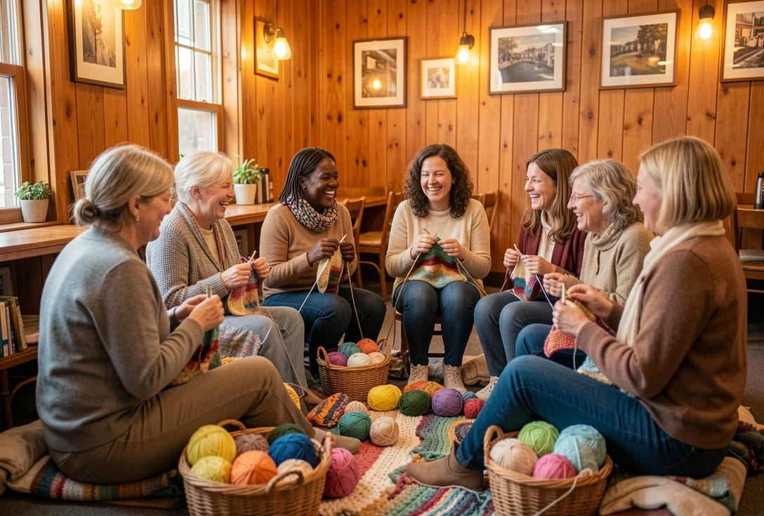 A circle of makers knitting and crocheting together in a cozy shop